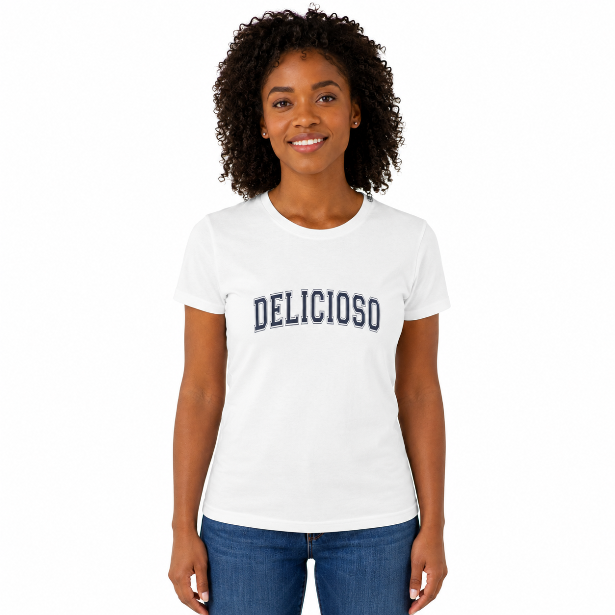 Delicioso Women's Tee — Retro Arch Lettering Graphic Cotton Shirt